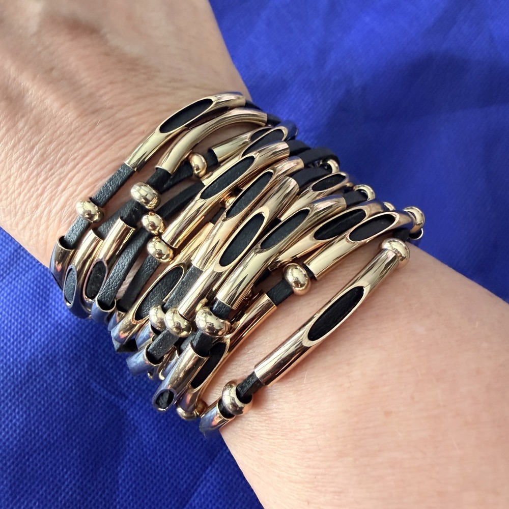 Gold Tone Black Cord Wide Multi Strand Cuff Bracelet Womens Magnetic Statement